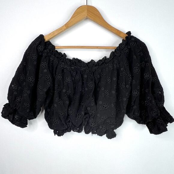 Surf Gypsy Black Floral Eyelet Ruffle Puff Sleeve  Crop Top M - Picture 5 of 12